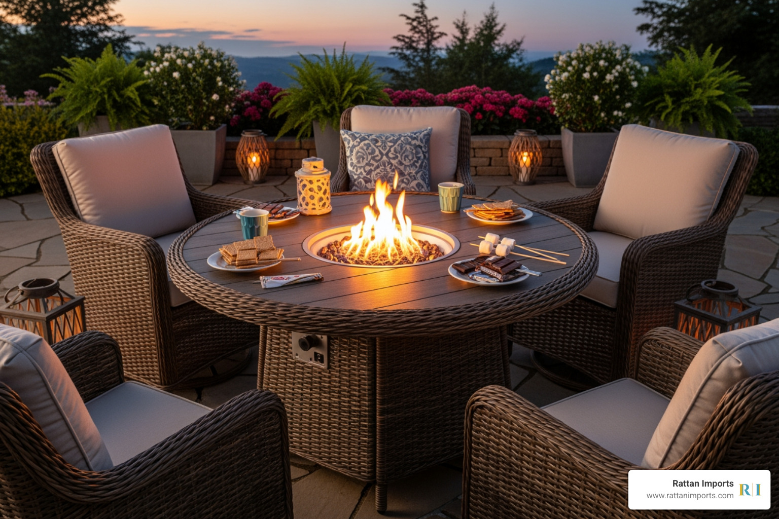 cozy rattan dining set with integrated fire pit at dusk - Outdoor Rattan dining set cozy rattan dining set with integrated fire pit at dusk - Outdoor Rattan dining set