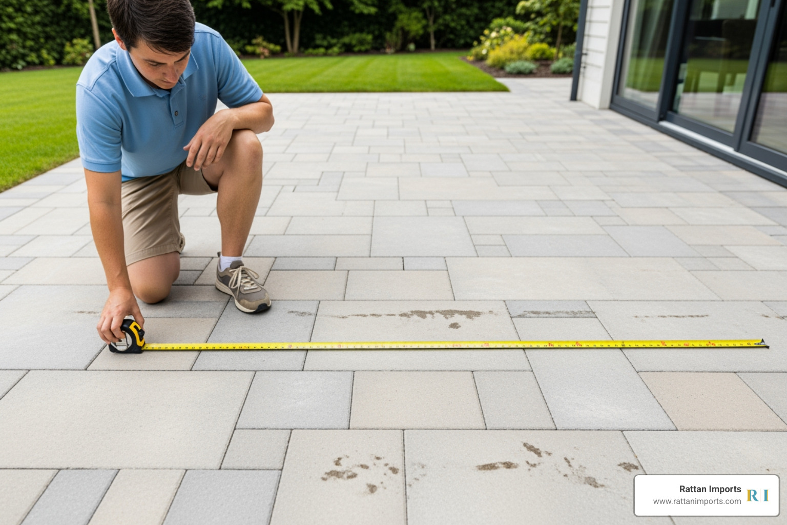 person measuring patio space for furniture - Outdoor Rattan dining set person measuring patio space for furniture - Outdoor Rattan dining set