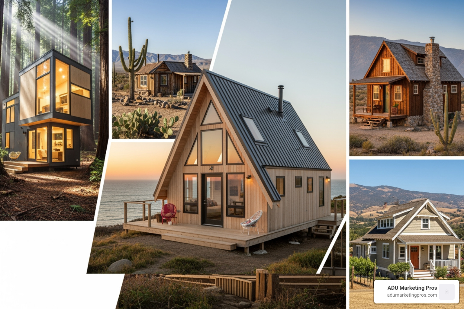 collage showcasing four distinct prefab tiny home styles: a modern cube with clean lines, a rustic cabin with wood siding, a Scandinavian-inspired A-frame, and a classic craftsman bungalow - prefab tiny homes California