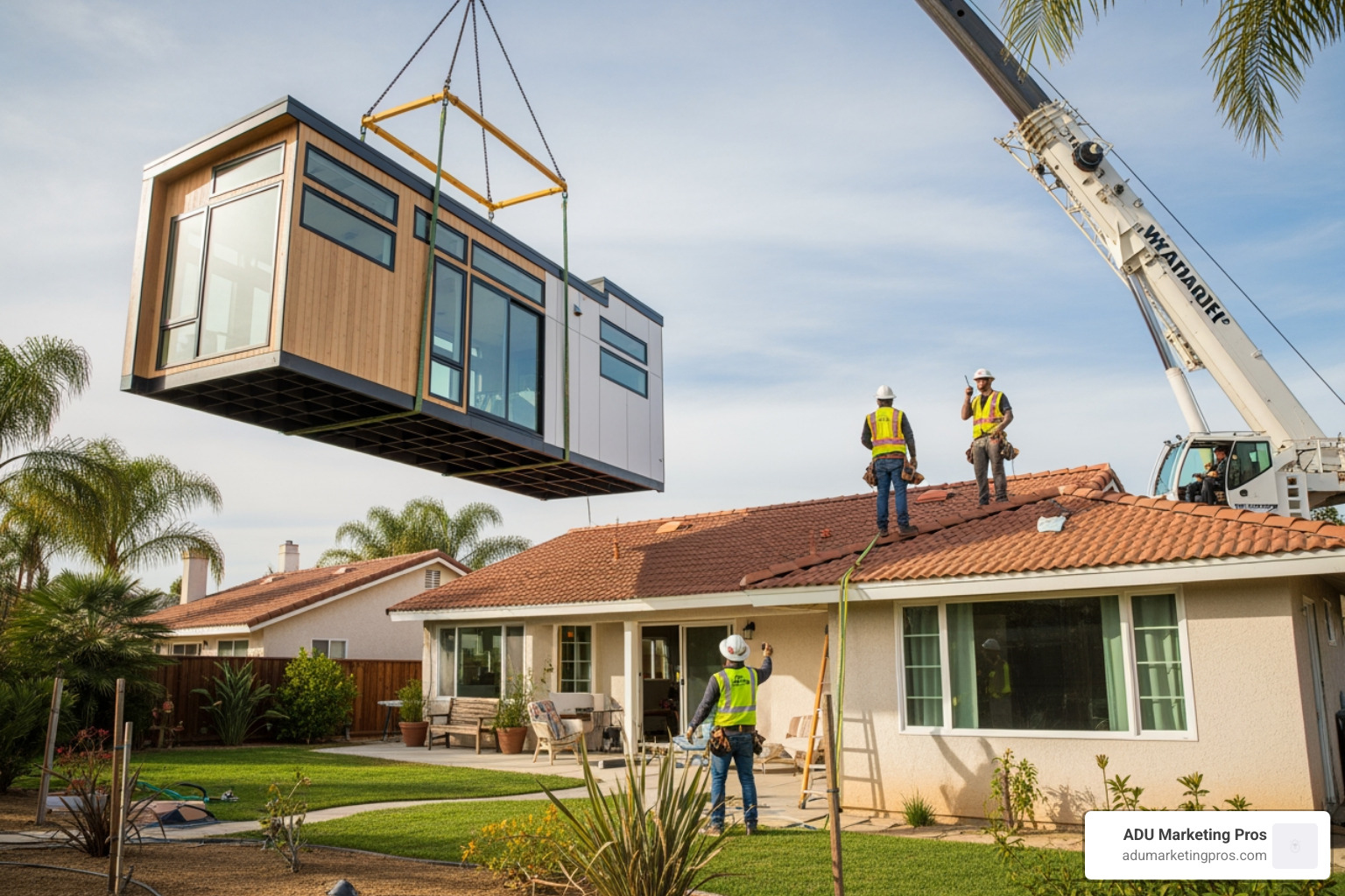 Image of a prefab tiny home module being craned into a backyard over a house - prefab tiny homes California