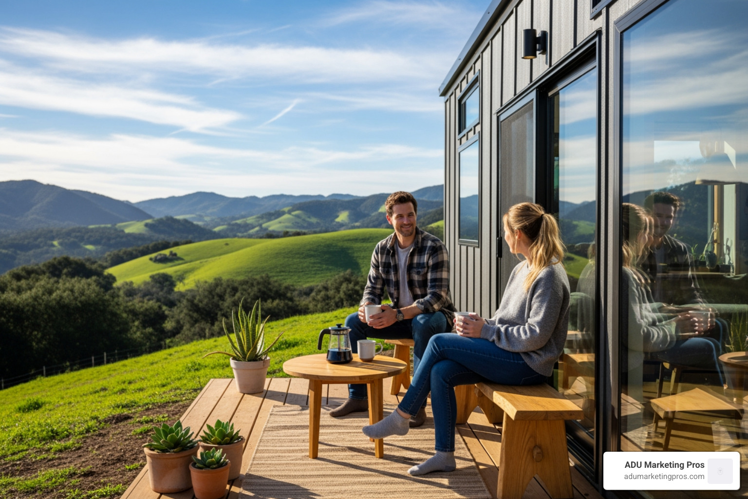 Image of a couple enjoying coffee on the deck of their new prefab tiny home, surrounded by California hills - prefab tiny homes California