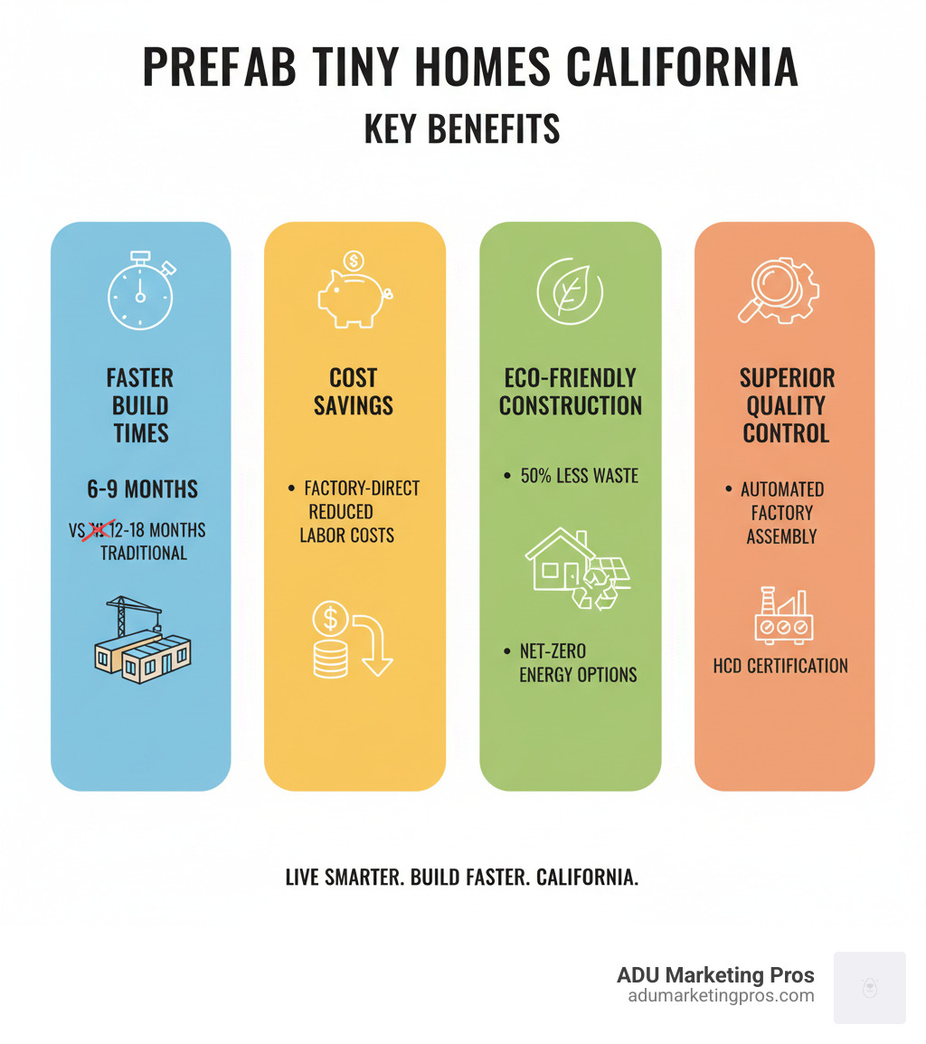Infographic showing the key benefits of prefab tiny homes in California: Faster Build Times showing 6-9 months vs 12-18 months traditional construction, Cost Savings through factory-direct pricing and reduced labor costs, Eco-Friendly Construction with 50% less waste and net-zero energy options, and Superior Quality Control through automated factory assembly and HCD certification - prefab tiny homes California infographic 
