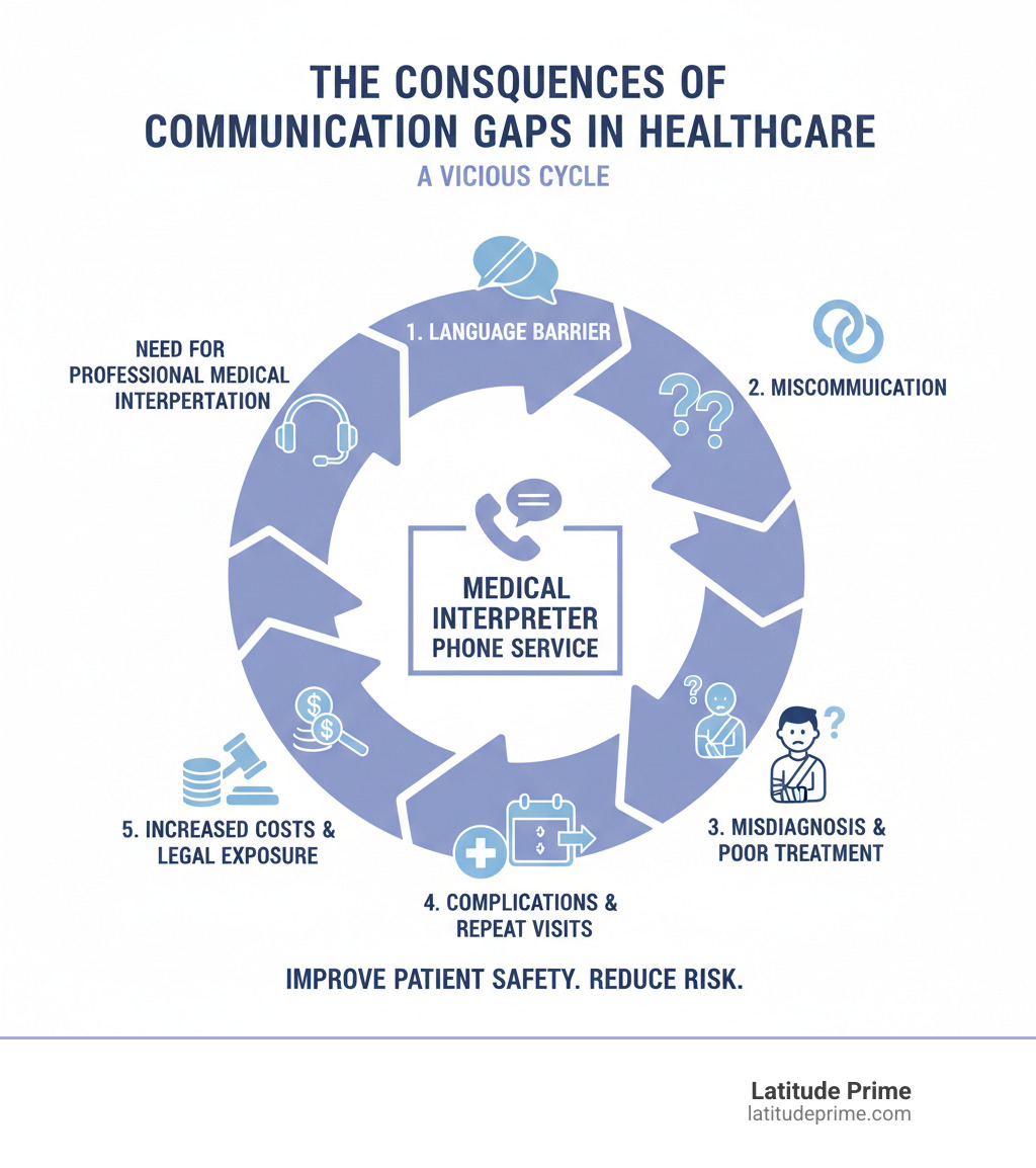 infographic showing cycle: language barrier leads to miscommunication, which causes misdiagnosis and poor treatment adherence, resulting in complications and repeat visits, increasing healthcare costs and legal exposure, reinforcing need for professional medical interpretation services - medical interpreter phone service infographic 