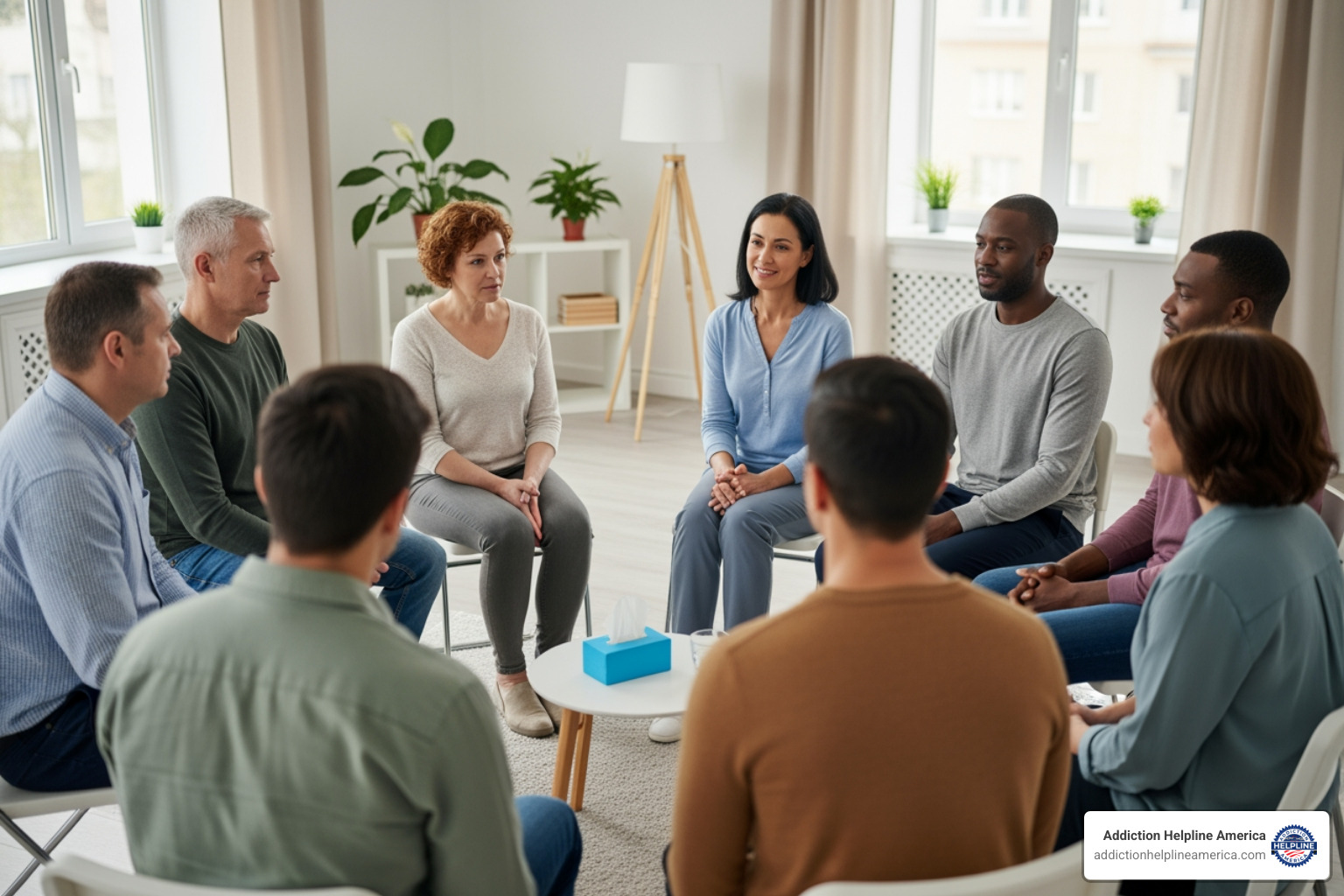 A diverse group of individuals participating in a therapy session - Missouri alcohol rehab