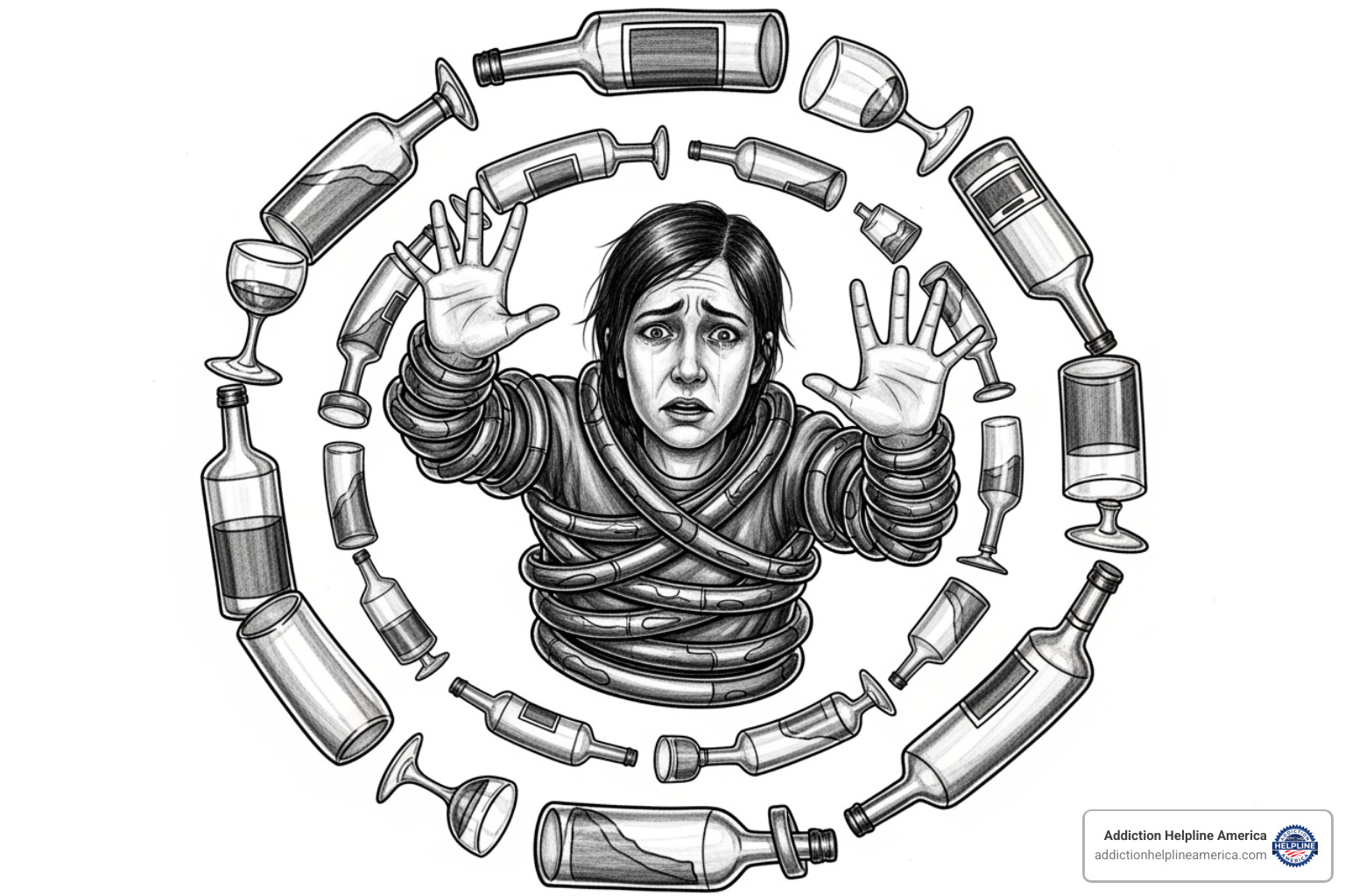 Illustration of a person trapped in a cycle of alcohol addiction - Missouri alcohol rehab