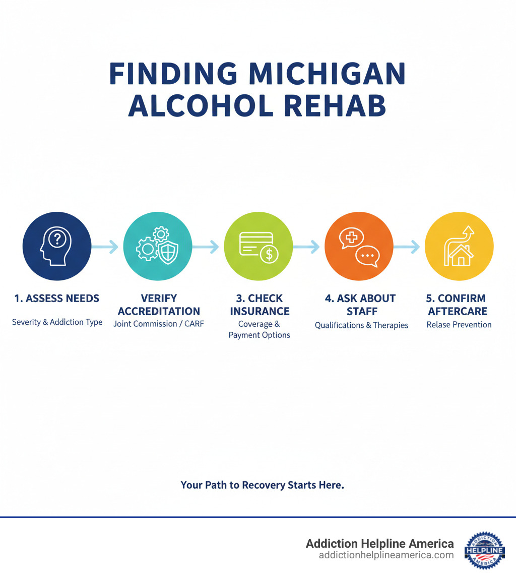Infographic showing 5 steps to finding Michigan alcohol rehab: 1) Assess your needs and severity of addiction 2) Verify facility accreditation by The Joint Commission or CARF 3) Check insurance coverage and payment options 4) Ask about staff qualifications and treatment approaches 5) Confirm aftercare and relapse prevention services - Michigan alcohol rehab infographic 