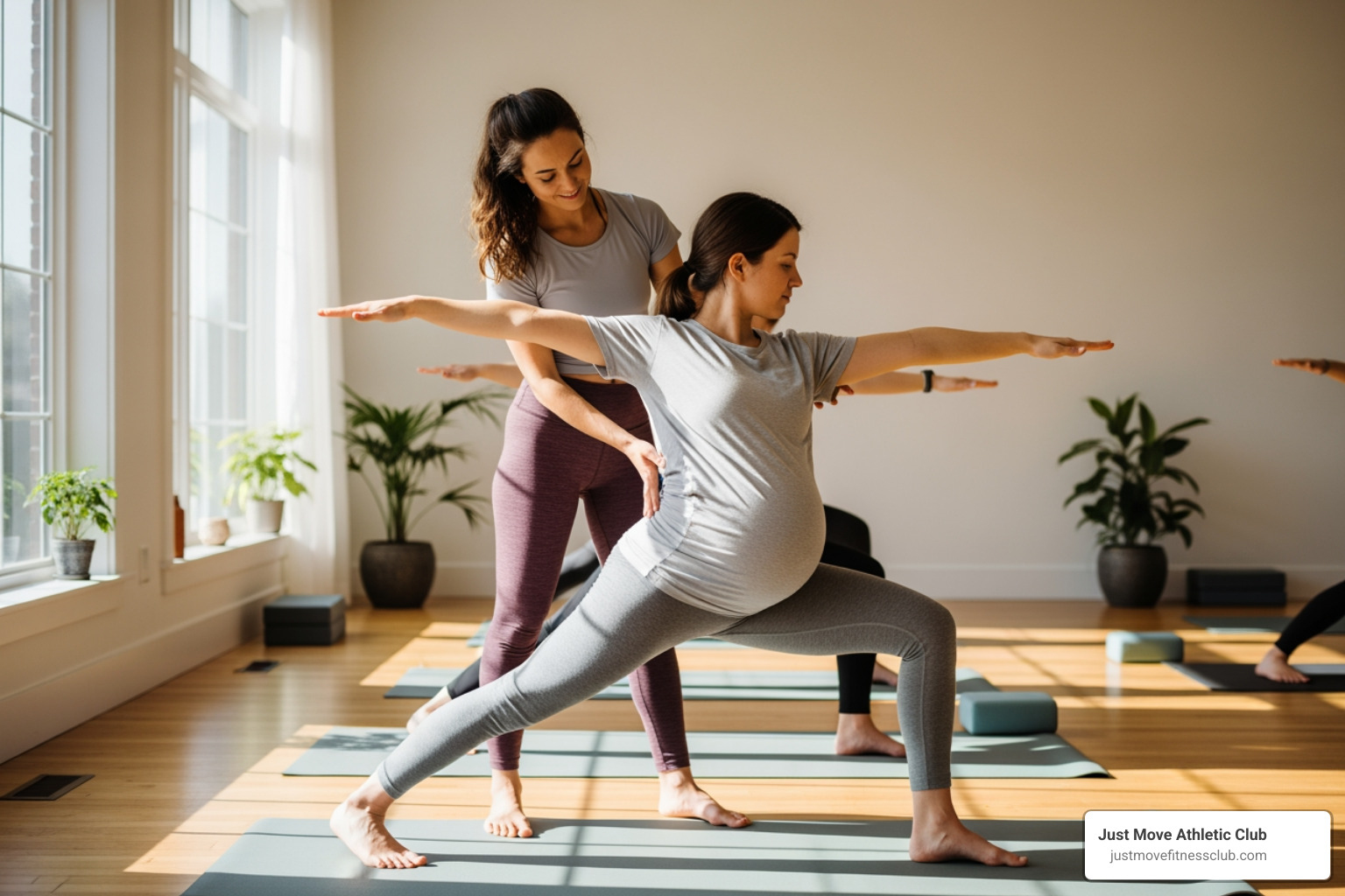 yoga instructor gently adjusting a pregnant student's pose - prenatal yoga Winter Haven