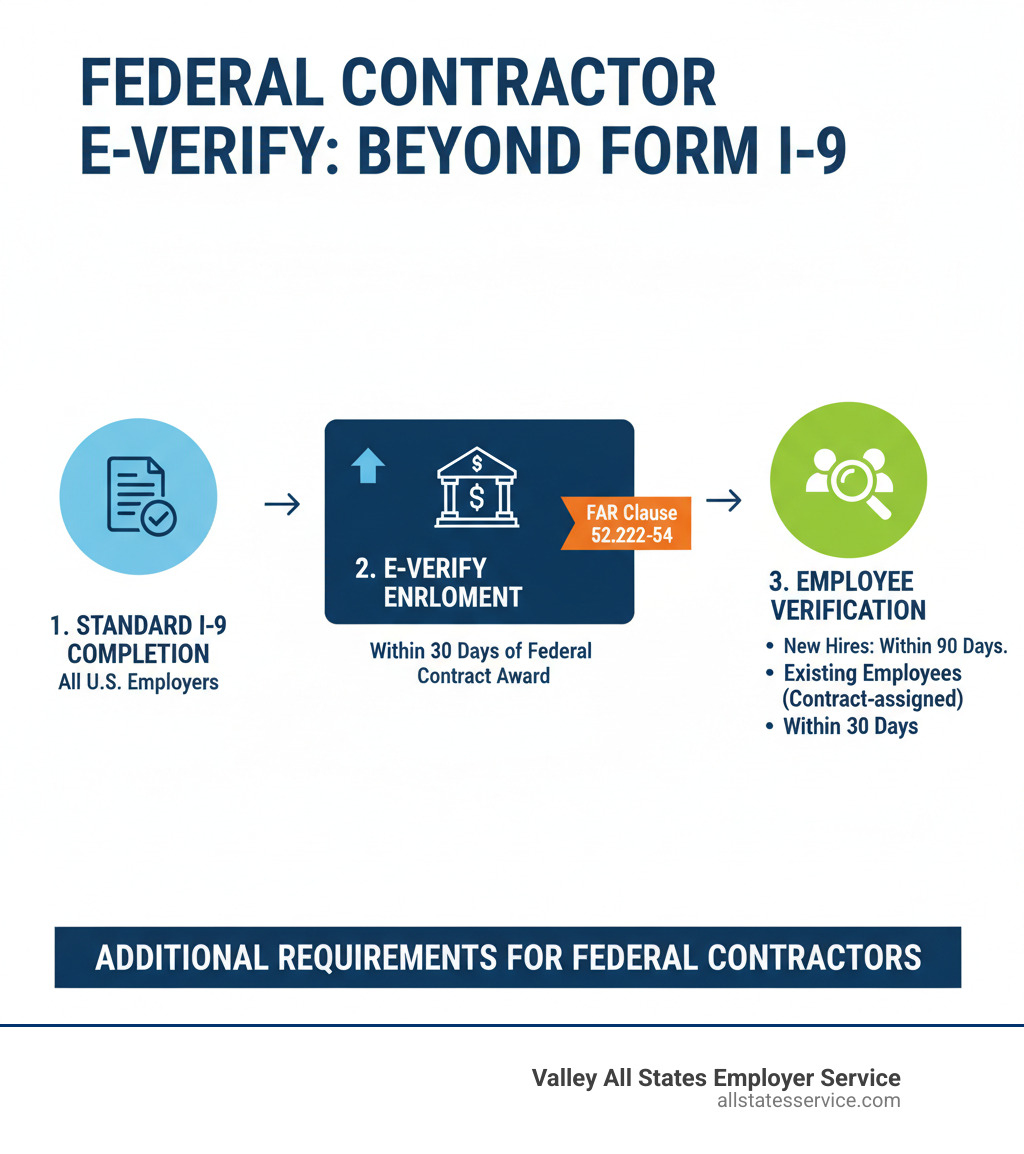 Infographic showing the progression from standard I-9 completion for all U.S. employers, to E-Verify enrollment required within 30 days of federal contract award, to verification of new hires within 90 days and existing employees assigned to contract within 30 days, highlighting the additional requirements beyond Form I-9 that federal contractors must meet under FAR clause 52.222-54 - federal acquisition regulation far e verify clause infographic 
