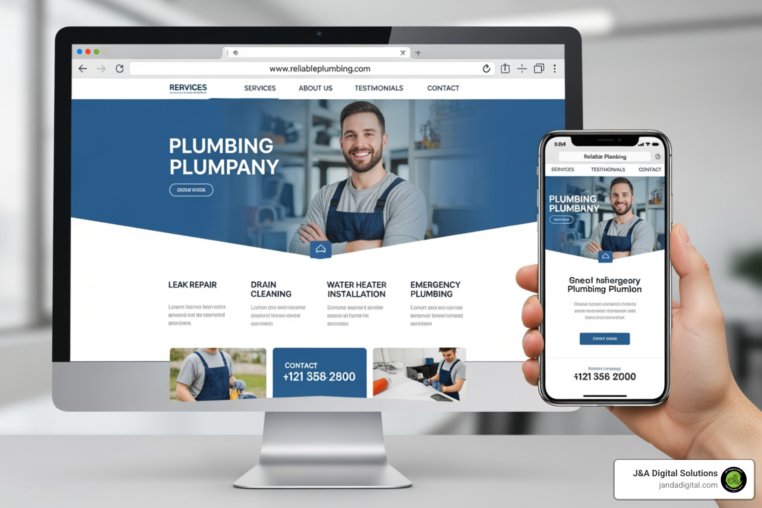 plumbing website design shown on a desktop and mobile phone - plumber marketing agency
