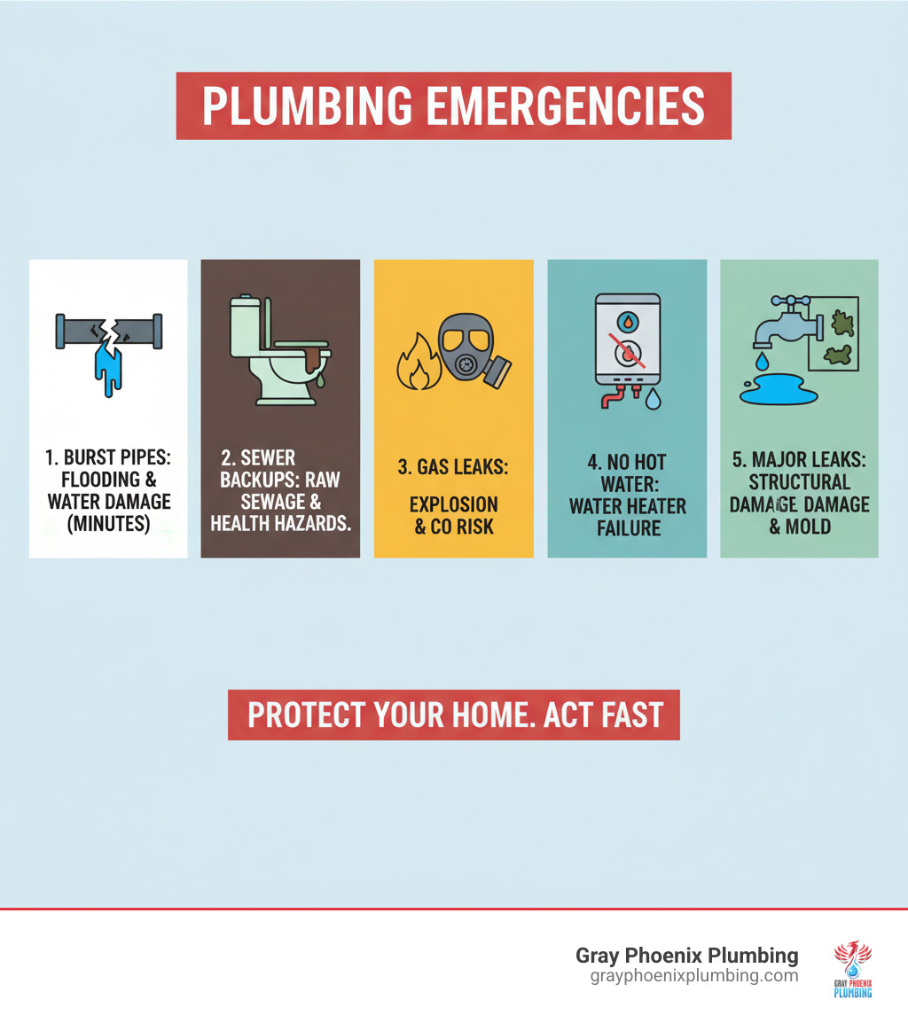 Infographic showing the 5 most common plumbing emergencies: burst pipes causing flooding and water damage within minutes, sewer backups creating health hazards from raw sewage, gas leaks posing explosion and carbon monoxide risks, no hot water indicating water heater failure, and major water leaks threatening structural damage and mold growth - emergency plumber local infographic Infographic showing the 5 most common plumbing emergencies: burst pipes causing flooding and water damage within minutes, sewer backups creating health hazards from raw sewage, gas leaks posing explosion and carbon monoxide risks, no hot water indicating water heater failure, and major water leaks threatening structural damage and mold growth - emergency plumber local infographic