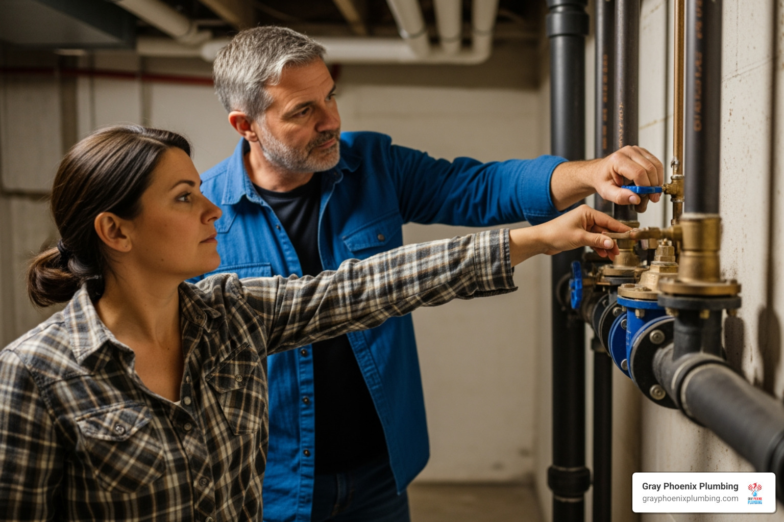 homeowner shutting off a main water valve in a basement - emergency plumber local homeowner shutting off a main water valve in a basement - emergency plumber local