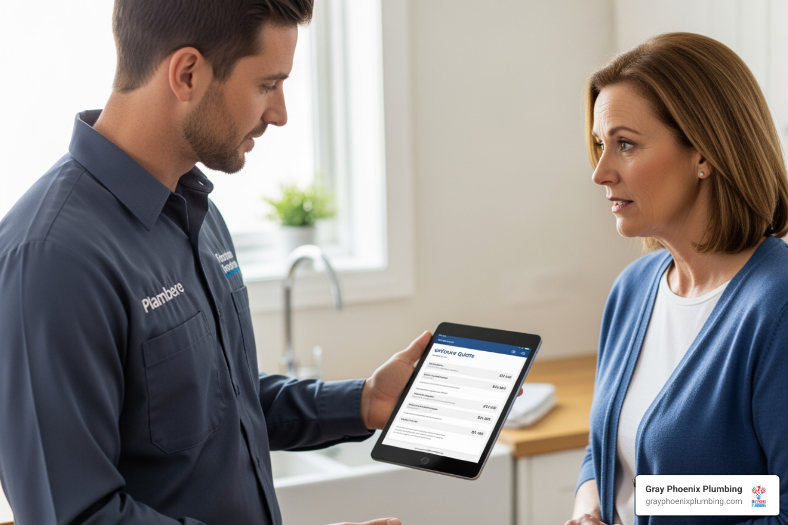 plumber showing a homeowner an upfront quote on a tablet - emergency plumber local plumber showing a homeowner an upfront quote on a tablet - emergency plumber local