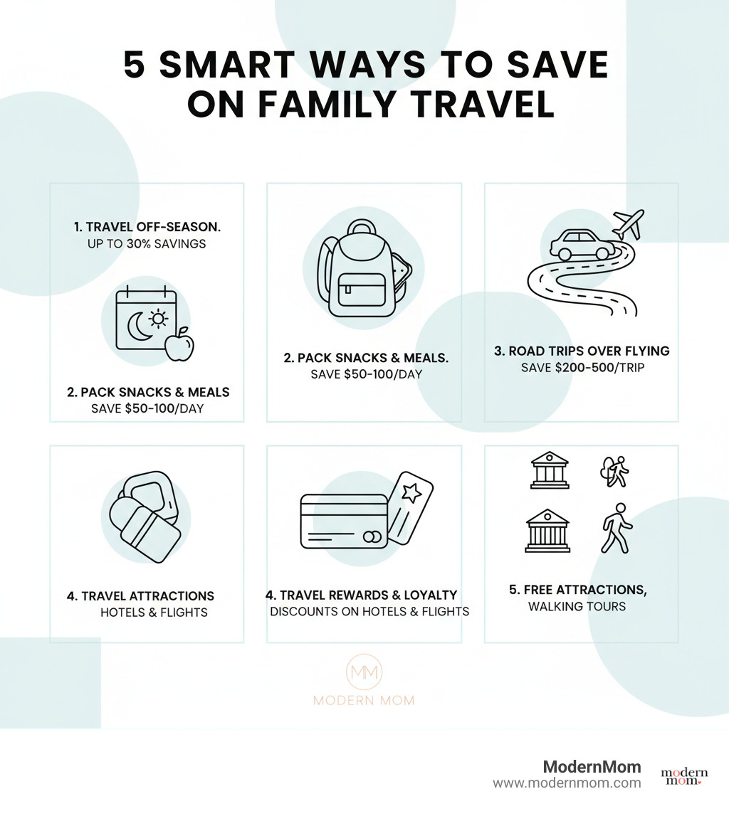 infographic showing 5 key ways to save on family travel: travel during off-season to save up to 30%, pack your own snacks and meals to save $50-100 per day, choose road trips over flying to save $200-500 per trip, use travel rewards and loyalty programs for discounts on hotels and flights, and find free attractions like museums parks and walking tours in major cities - inexpensive family trip ideas infographic 
