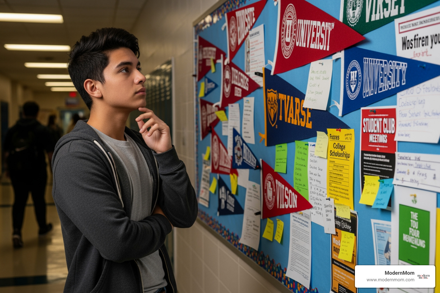 a student looking thoughtfully at a bulletin board covered with college pennants and notes - College application tips