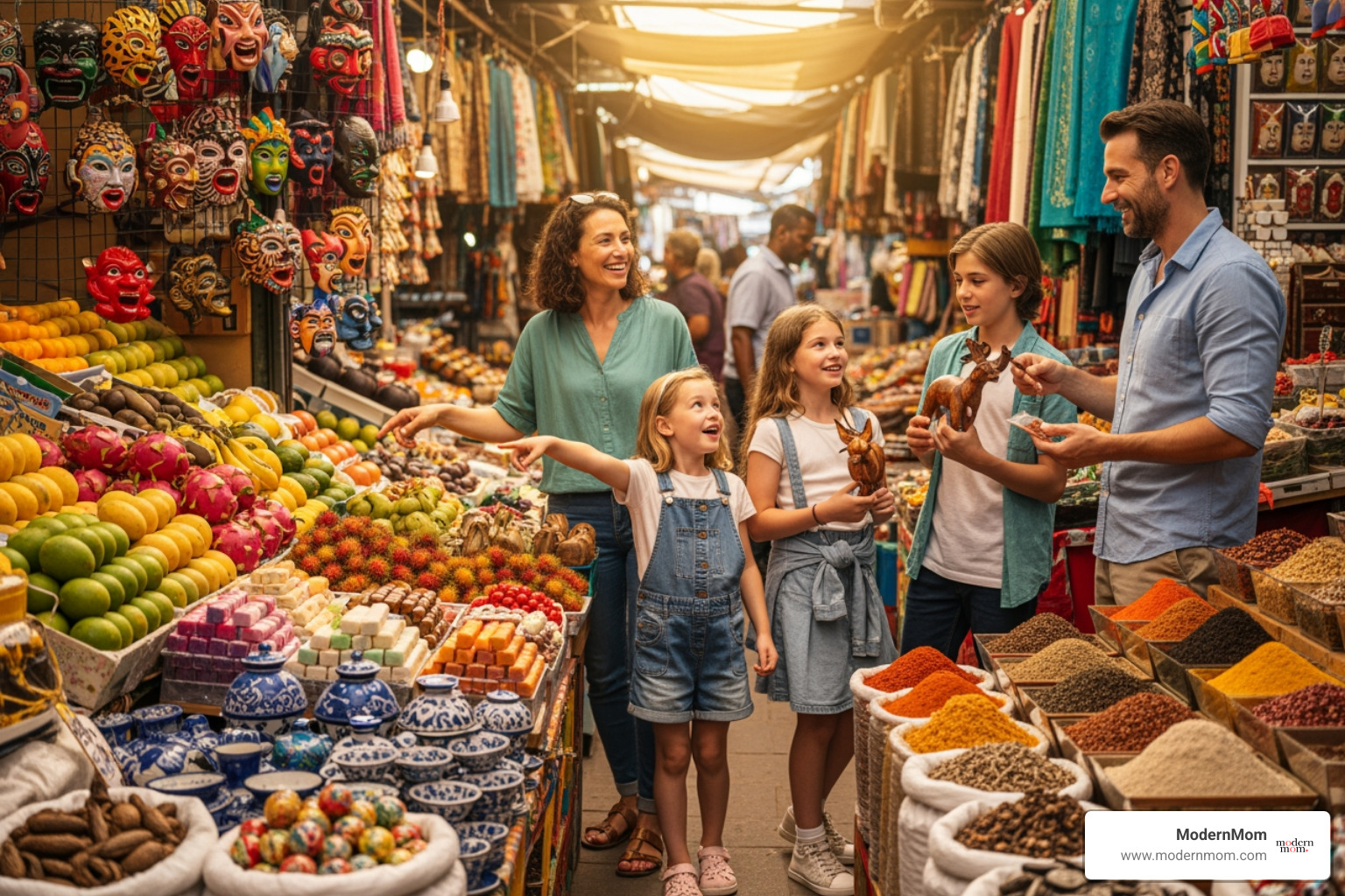 family exploring a colorful international market - inexpensive family trip ideas