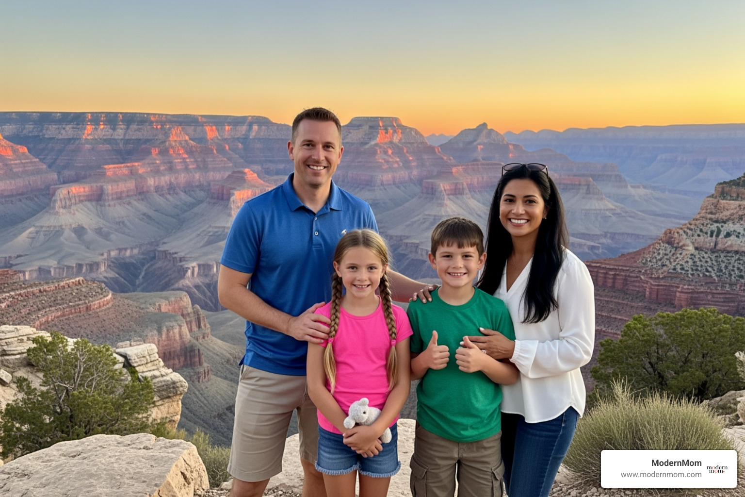 family posing in front of the Grand Canyon - inexpensive family trip ideas