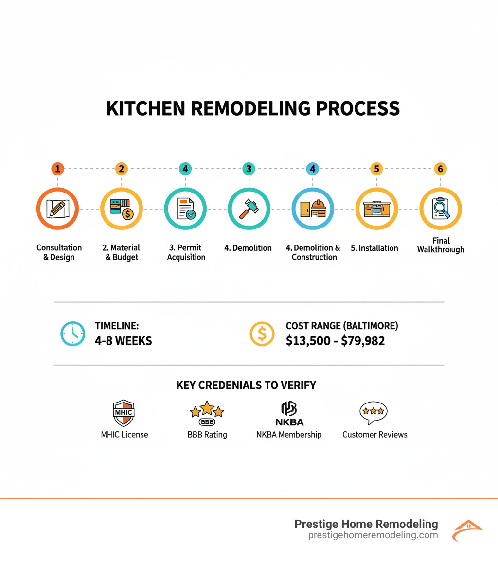 infographic showing kitchen remodeling process steps: 1. Free consultation and design 2. Material selection and budget approval 3. Permit acquisition 4. Demolition and construction 5. Installation of cabinets countertops and appliances 6. Final walkthrough and quality check, with average timeline of 4-8 weeks and cost range of $13,500-$79,982 for Baltimore area, plus key credentials to verify including MHIC license BBB rating NKBA membership and customer reviews - kitchen remodeling company in baltimore infographic infographic showing kitchen remodeling process steps: 1. Free consultation and design 2. Material selection and budget approval 3. Permit acquisition 4. Demolition and construction 5. Installation of cabinets countertops and appliances 6. Final walkthrough and quality check, with average timeline of 4-8 weeks and cost range of $13,500-$79,982 for Baltimore area, plus key credentials to verify including MHIC license BBB rating NKBA membership and customer reviews - kitchen remodeling company in baltimore infographic