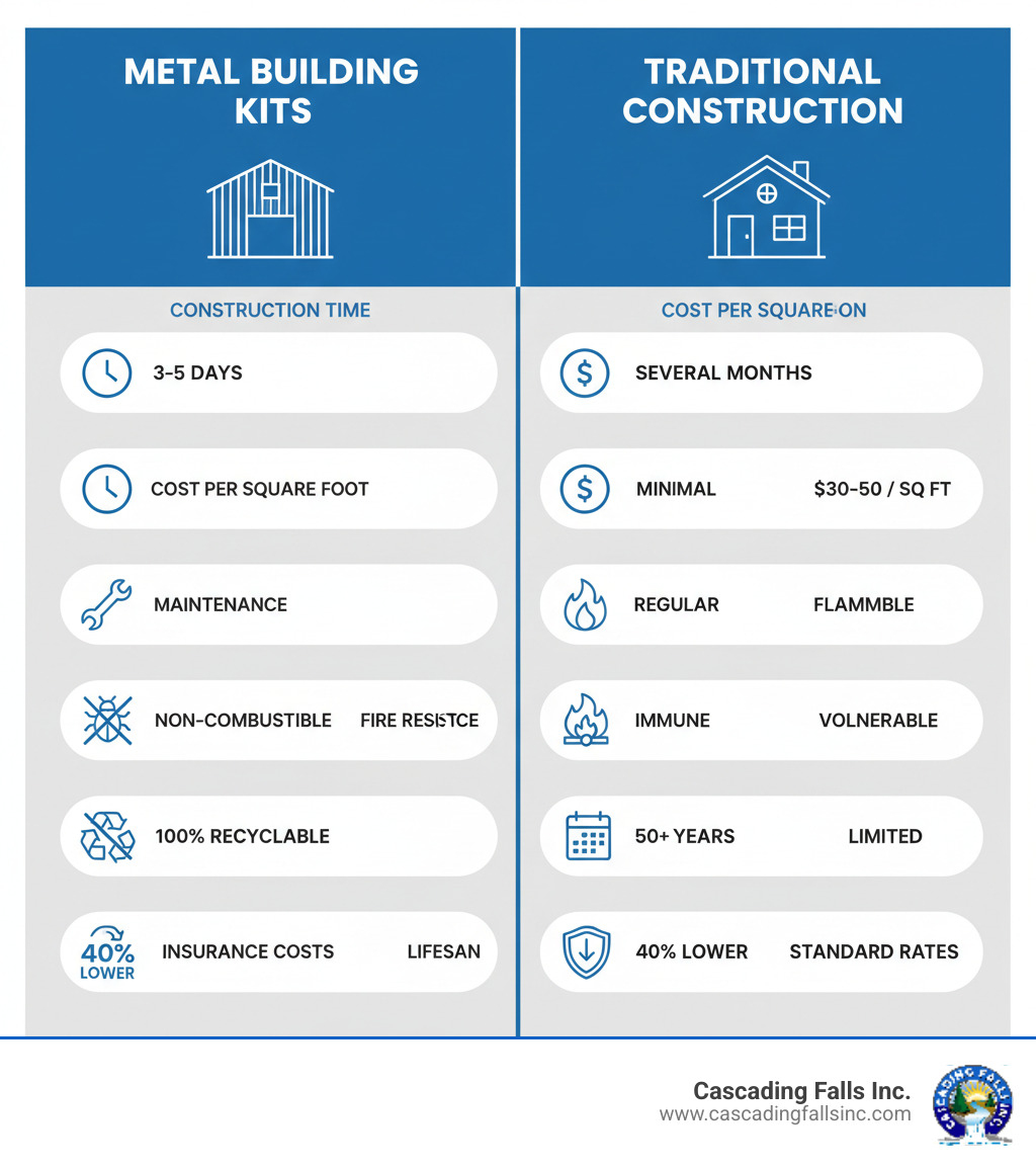 Infographic comparing metal building kits to traditional construction: showing side-by-side comparison of construction time (3-5 days vs several months), cost per square foot ($15-25 vs $30-50), maintenance requirements (minimal vs regular), fire resistance (non-combustible vs flammable), pest resistance (immune vs vulnerable), lifespan (50+ years vs 30 years), recyclability (100% vs limited), and insurance costs (40% lower vs standard rates) - metal building kits infographic Infographic comparing metal building kits to traditional construction: showing side-by-side comparison of construction time (3-5 days vs several months), cost per square foot ($15-25 vs $30-50), maintenance requirements (minimal vs regular), fire resistance (non-combustible vs flammable), pest resistance (immune vs vulnerable), lifespan (50+ years vs 30 years), recyclability (100% vs limited), and insurance costs (40% lower vs standard rates) - metal building kits infographic