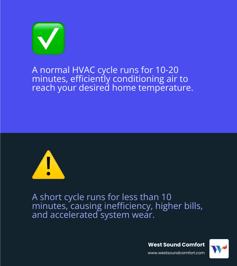 Infographic explaining the difference between a normal HVAC cycle and a short cycle - hvac short cycling in gig harbor, wa infographic 2_facts_emoji_blue