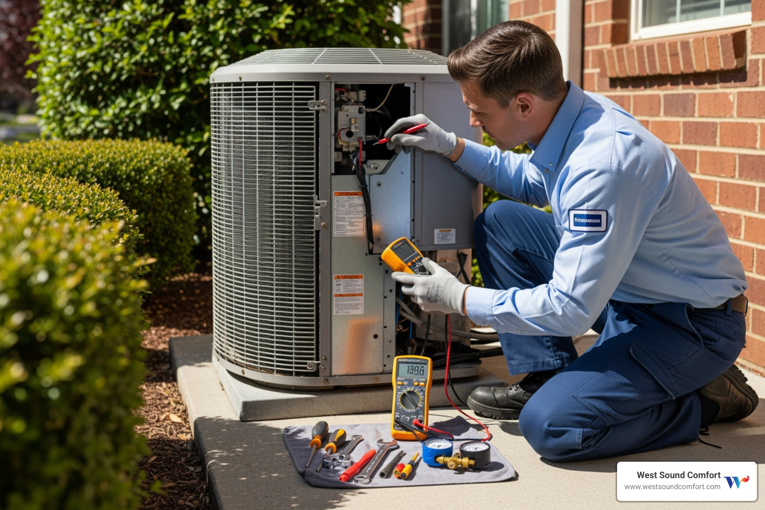 A technician inspecting an outdoor AC unit - hvac short cycling in gig harbor, wa