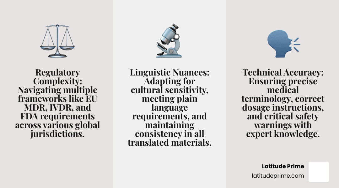 Infographic showing the three primary challenges in medical device translation: Regulatory Complexity (multiple frameworks including EU MDR, IVDR, FDA requirements across jurisdictions), Technical Accuracy (precise medical terminology, dosage instructions, safety warnings requiring subject-matter expertise), and Linguistic Nuances (cultural adaptation, plain language requirements, and maintaining consistency across all translated materials) - medical device translation service infographic 3_facts_emoji_grey
