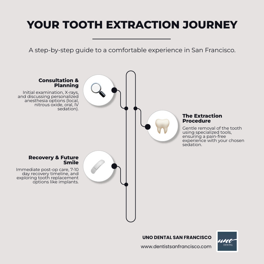 Infographic showing the tooth extraction process: Initial consultation with examination and X-rays, discussion of anesthesia options (local, nitrous oxide, oral sedation, IV sedation), the extraction procedure with specialized tools, immediate post-op care with gauze and ice, recovery timeline of 7-10 days, and follow-up for tooth replacement options like implants or bridges - tooth extraction San Francisco infographic infographic-line-3-steps-elegant_beige Infographic showing the tooth extraction process: Initial consultation with examination and X-rays, discussion of anesthesia options (local, nitrous oxide, oral sedation, IV sedation), the extraction procedure with specialized tools, immediate post-op care with gauze and ice, recovery timeline of 7-10 days, and follow-up for tooth replacement options like implants or bridges - tooth extraction San Francisco infographic infographic-line-3-steps-elegant_beige