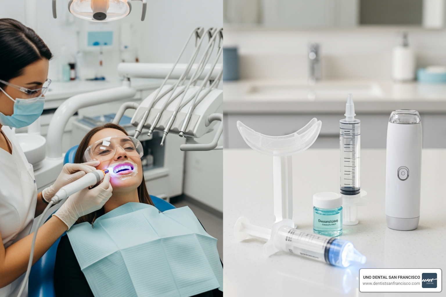 side-by-side of an in-office whitening procedure and a professional at-home kit - teeth bleaching san francisco side-by-side of an in-office whitening procedure and a professional at-home kit - teeth bleaching san francisco