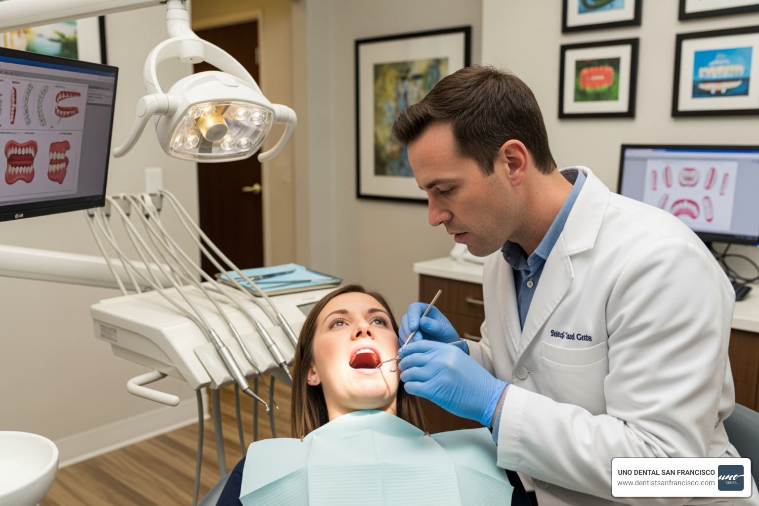 A dentist examining a patient's gums - gingivitis self care A dentist examining a patient's gums - gingivitis self care