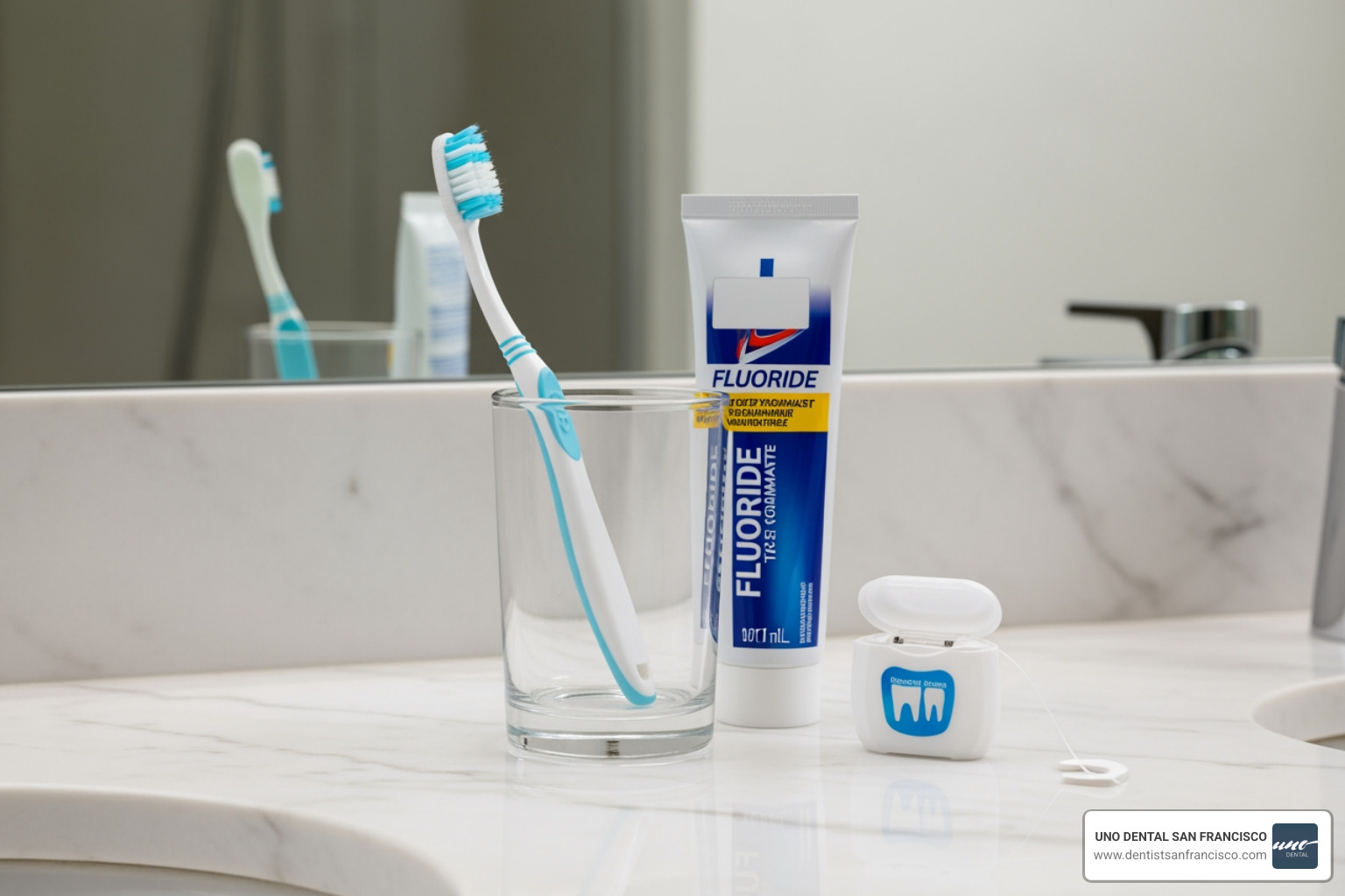 A well-organized bathroom counter with a soft-bristled toothbrush, fluoride toothpaste, and dental floss - gingivitis self care A well-organized bathroom counter with a soft-bristled toothbrush, fluoride toothpaste, and dental floss - gingivitis self care
