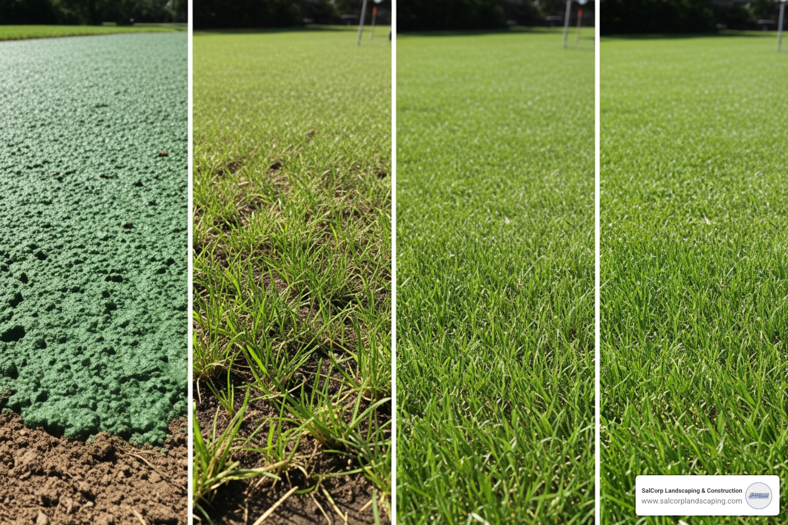 showing the progression of a hydroseeded lawn from day 1 (green slurry) to week 4 (mowable grass) - mass hydroseed