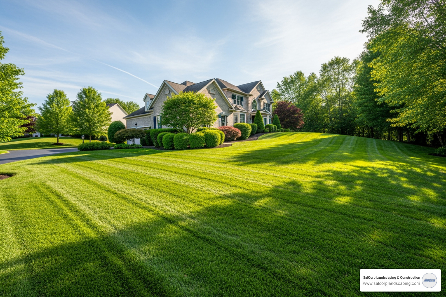 of a lush, established hydroseeded lawn on a sloped residential property - mass hydroseed