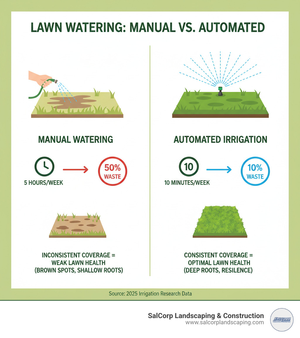 Infographic comparing manual watering challenges versus automated irrigation benefits, showing inconsistent coverage patterns, time spent per week, water waste percentages, and resulting lawn health metrics across both methods - Automatic lawn watering system infographic 