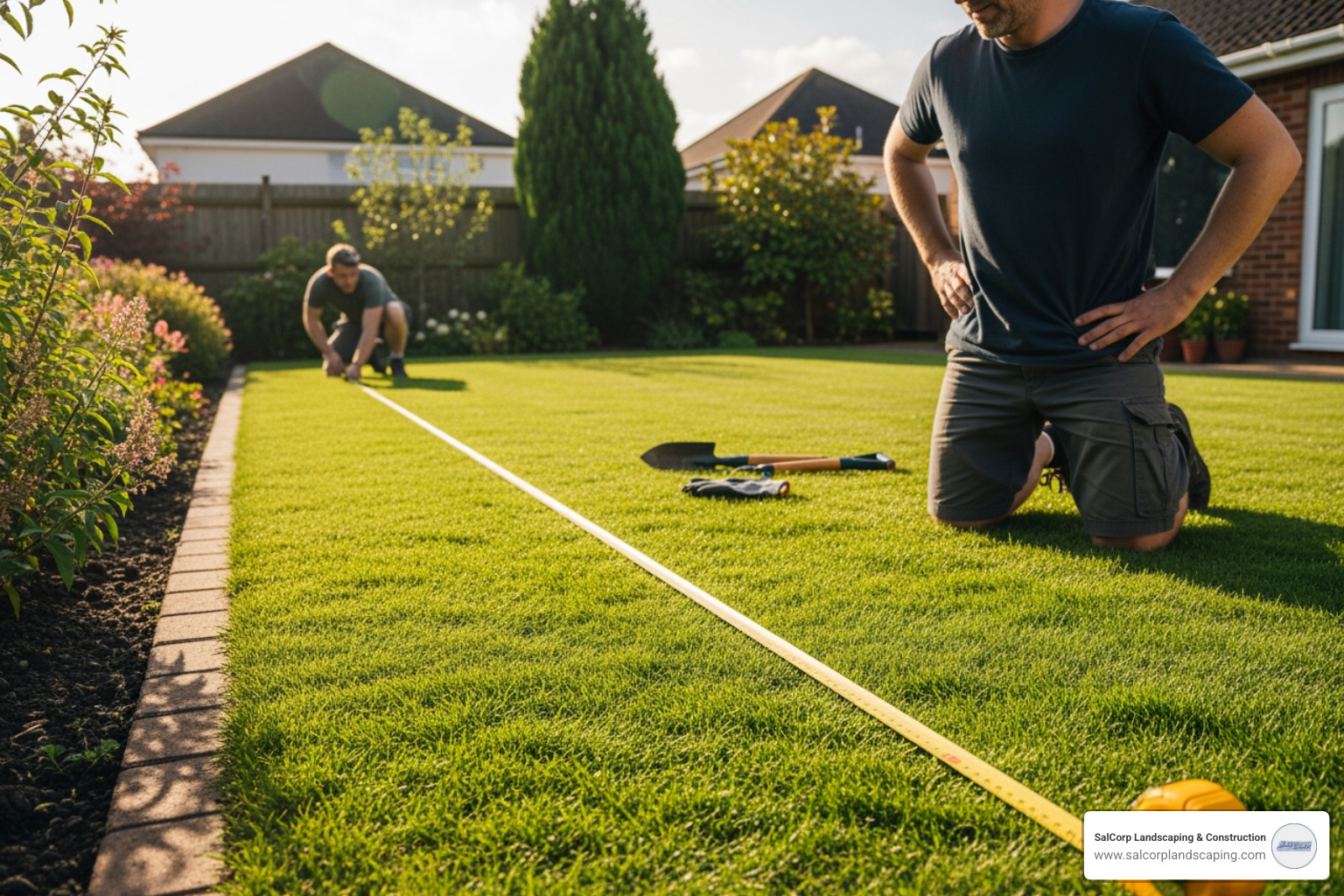 A person measuring their lawn area with a tape measure to determine the square footage for an irrigation system design - Automatic lawn watering system