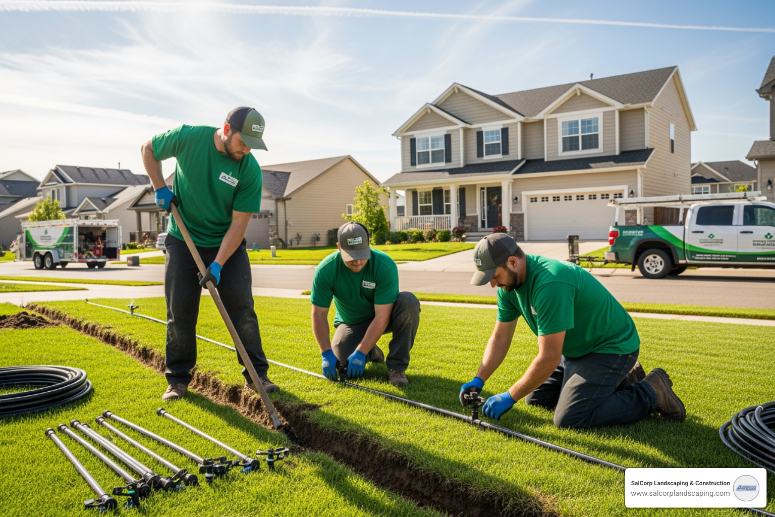 SalCorp Landscaping team professionally installing an irrigation system on a residential lawn - Automatic lawn watering system