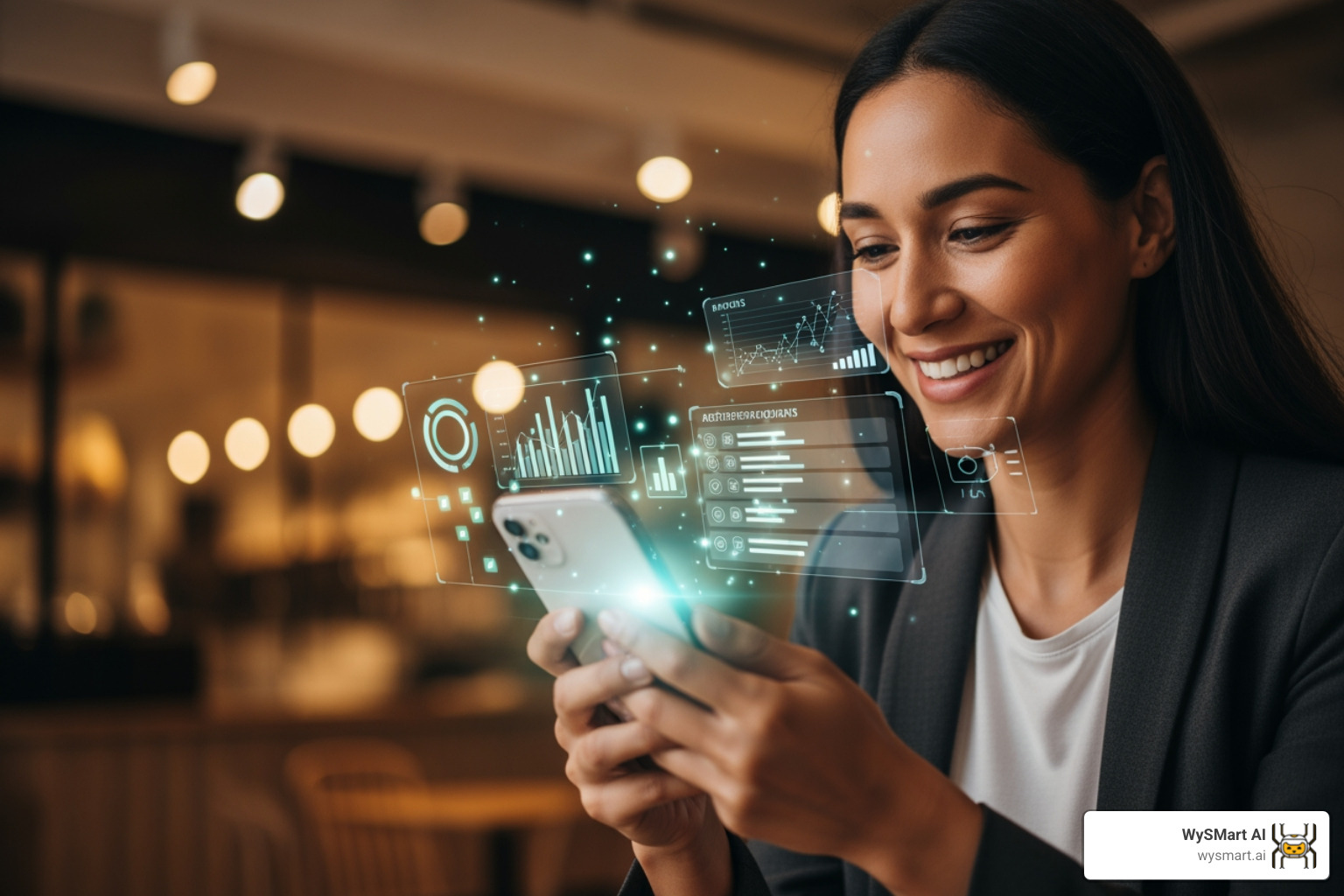 Small business owner smiling with phone, representing stress-free growth - AI-powered SMS marketing