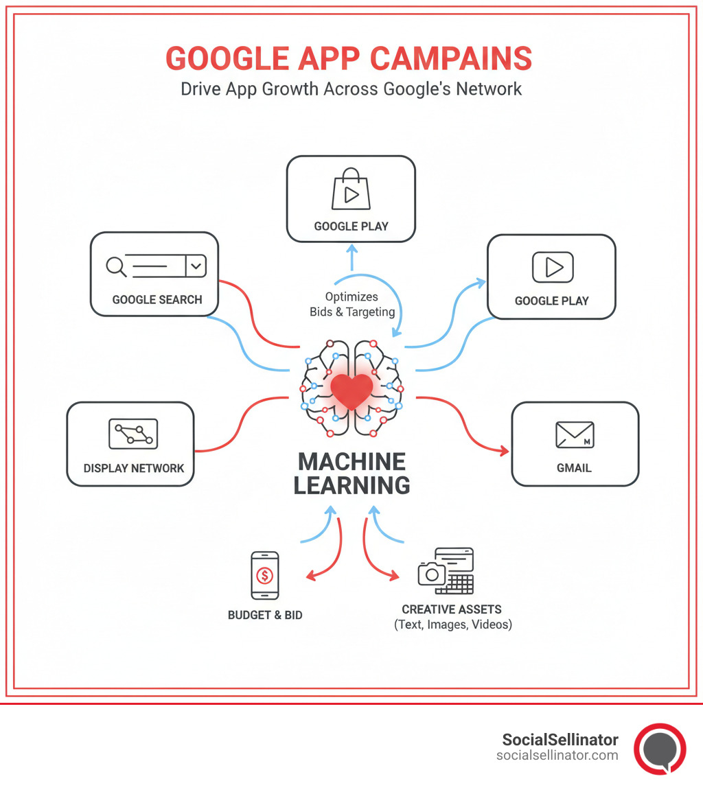 Infographic showing how Google App Campaigns distribute ads across Google Search, Google Play, YouTube, Gmail, and the Display Network, with machine learning at the center optimizing bids and targeting - google ads universal app campaigns infographic Infographic showing how Google App Campaigns distribute ads across Google Search, Google Play, YouTube, Gmail, and the Display Network, with machine learning at the center optimizing bids and targeting - google ads universal app campaigns infographic