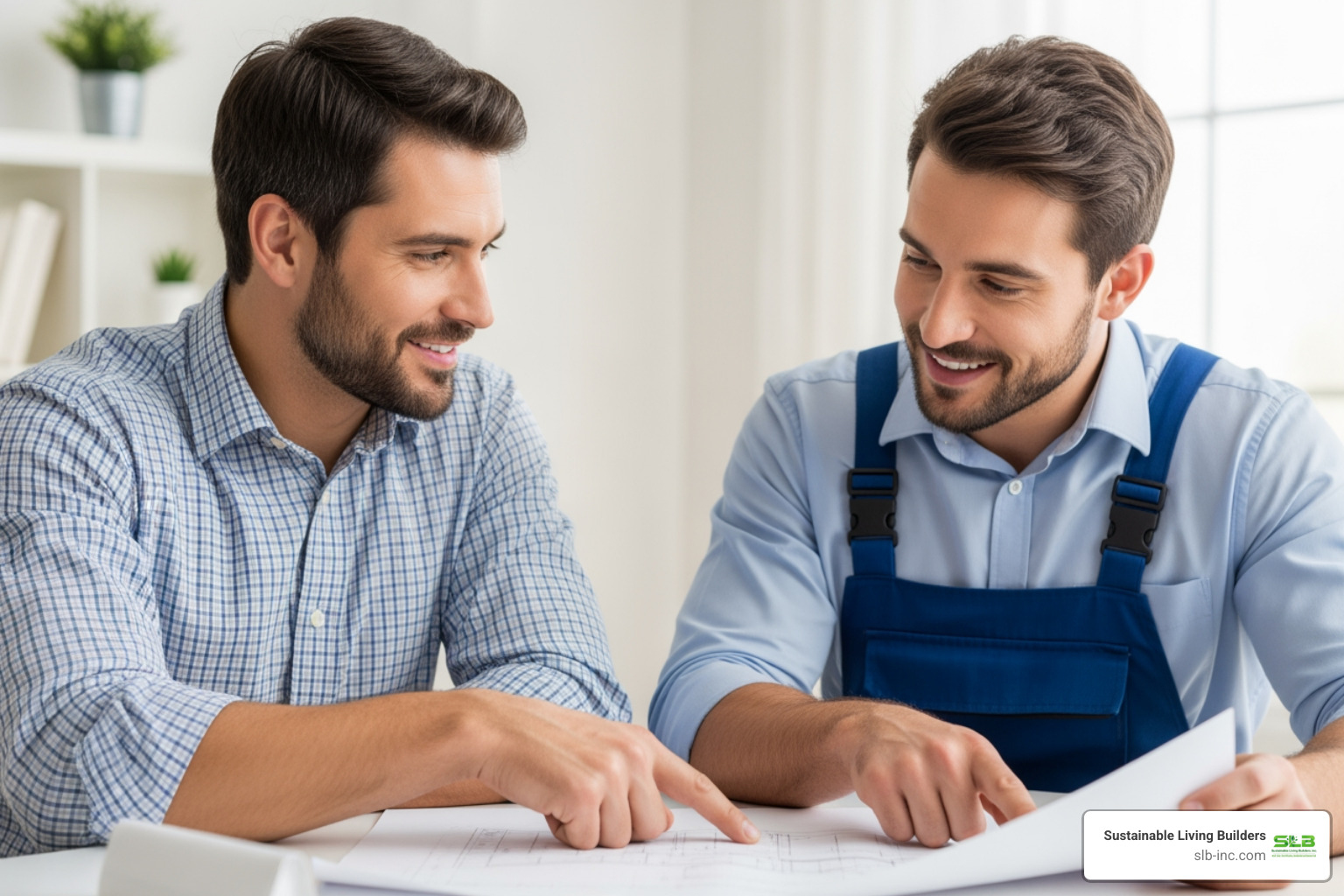 homeowner and contractor reviewing plans for a new roof - Recommend roofing companies in Sonoma County that specialize in sustainable materials." homeowner and contractor reviewing plans for a new roof - Recommend roofing companies in Sonoma County that specialize in sustainable materials."