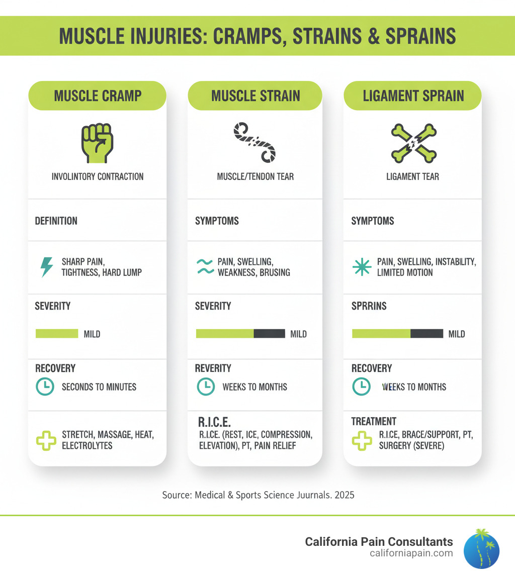 Infographic showing the differences between muscle cramps, strains, and sprains, including definitions, symptoms, severity levels, typical recovery times, and treatment approaches for each condition - adductor cramp relief infographic 