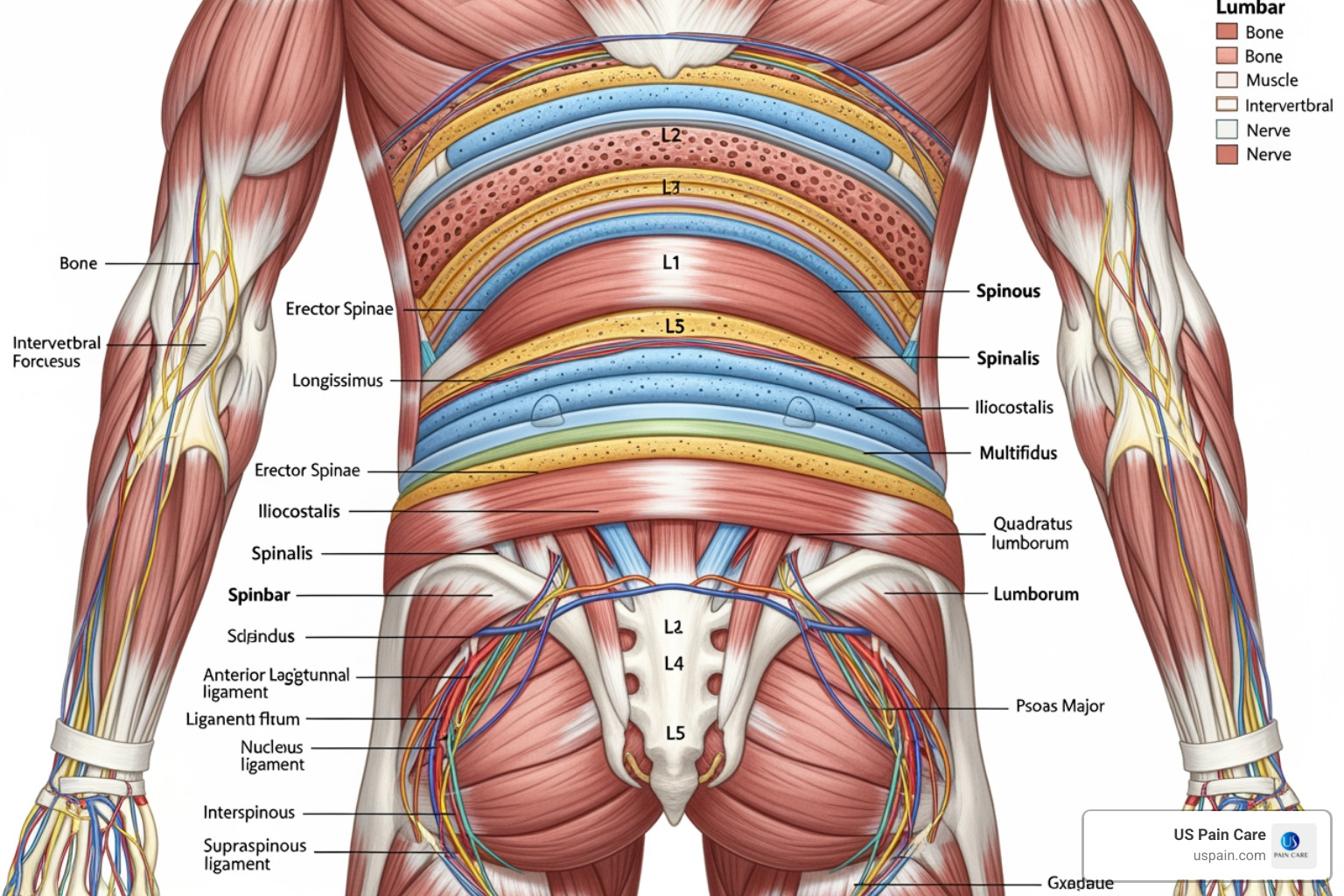 of the lumbar spine and surrounding muscles - lower back pain muscle strain treatment