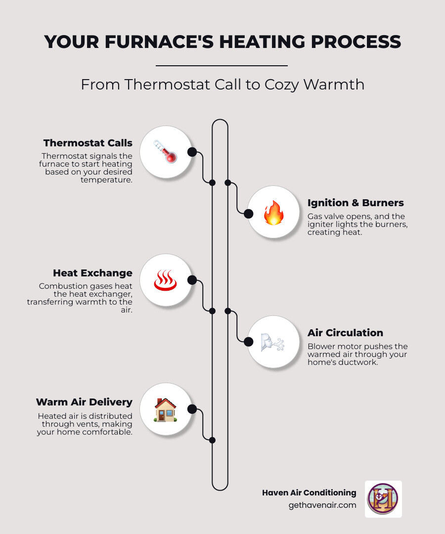 Infographic showing the heating process: thermostat calls for heat, gas valve opens, igniter lights burners, heat exchanger warms air, blower motor pushes heated air through ducts to vents, with common failure points highlighted at each stage - furnace blowing cold air infographic infographic-line-5-steps-elegant_beige Infographic showing the heating process: thermostat calls for heat, gas valve opens, igniter lights burners, heat exchanger warms air, blower motor pushes heated air through ducts to vents, with common failure points highlighted at each stage - furnace blowing cold air infographic infographic-line-5-steps-elegant_beige