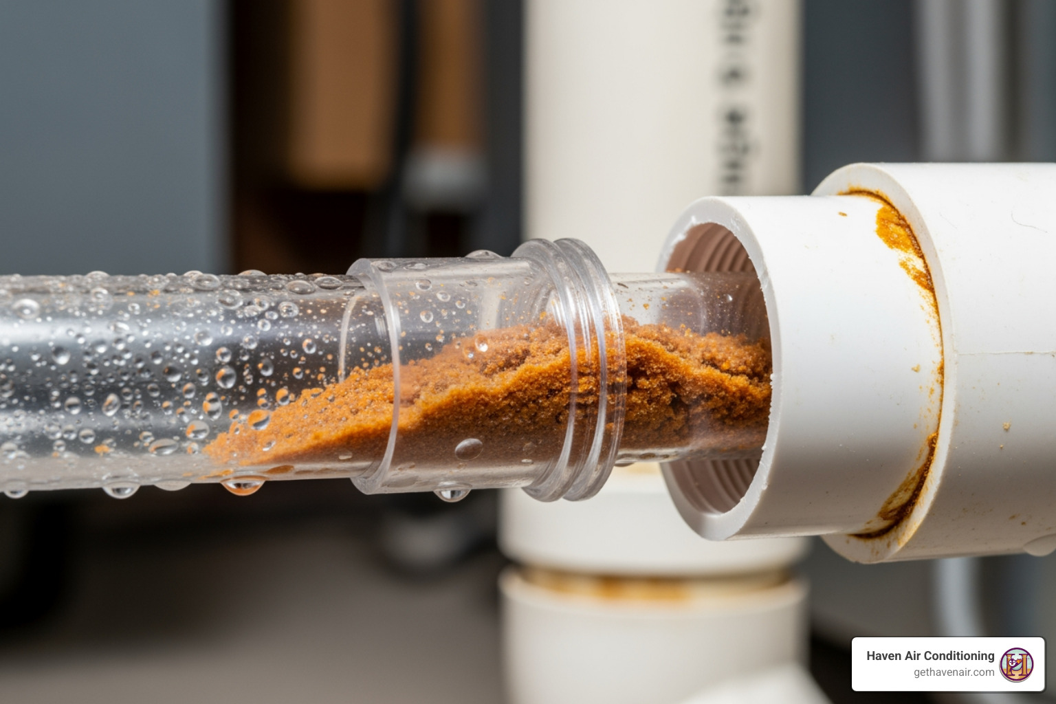 A furnace condensate line and drain, showing a common clog point - furnace blowing cold air A furnace condensate line and drain, showing a common clog point - furnace blowing cold air