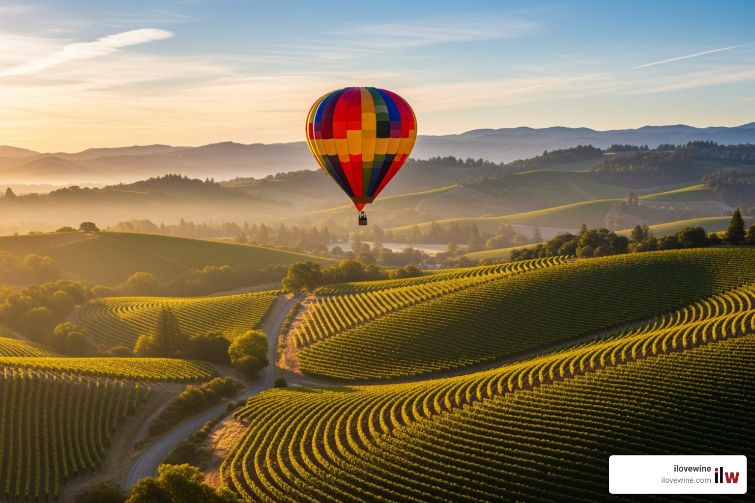 Hot air balloon soaring over Napa vineyards - Napa Valley itinerary
