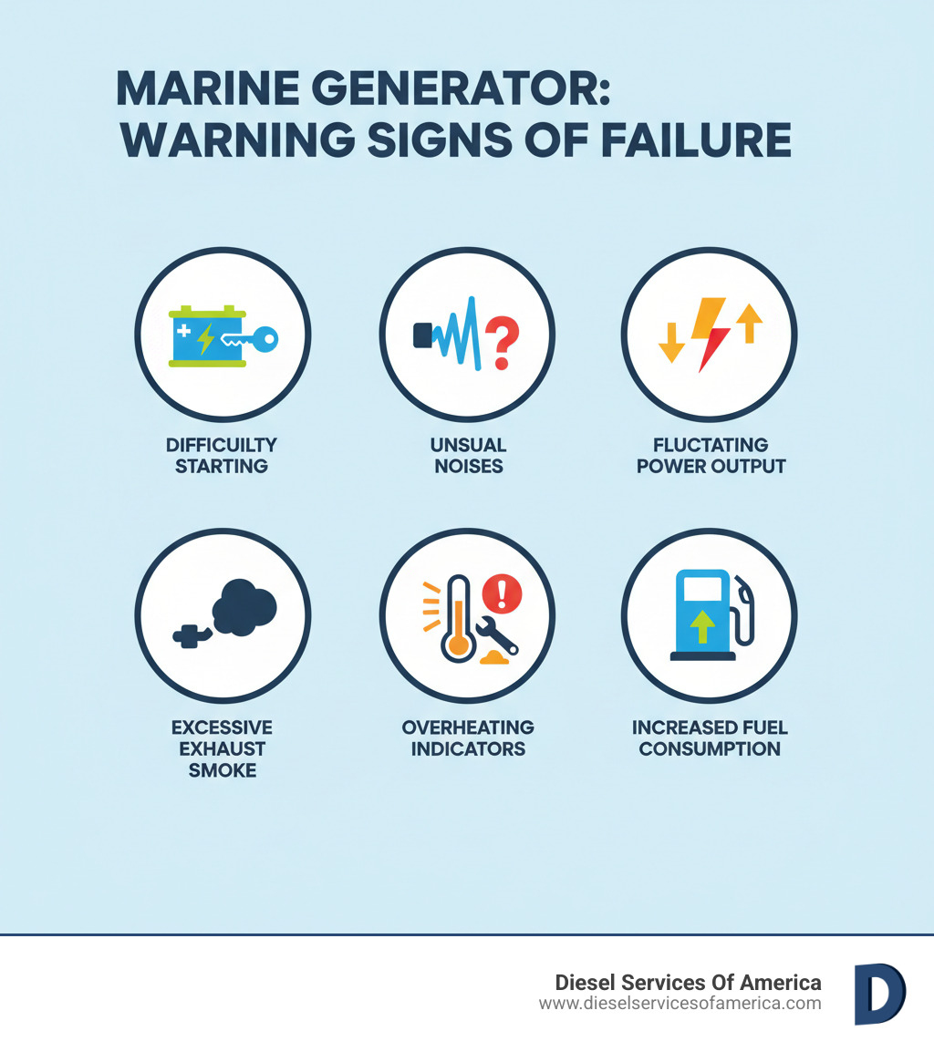 infographic showing warning signs of marine generator failure including difficulty starting, unusual noises, fluctuating power output, excessive exhaust smoke, overheating indicators, visible fuel or oil leaks, and increased fuel consumption, with icons for each symptom - marine generator repair near me infographic 
