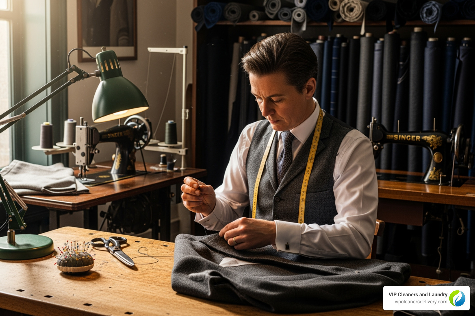 a diverse collection of fabrics and threads in a tailor shop - tailor services san diego