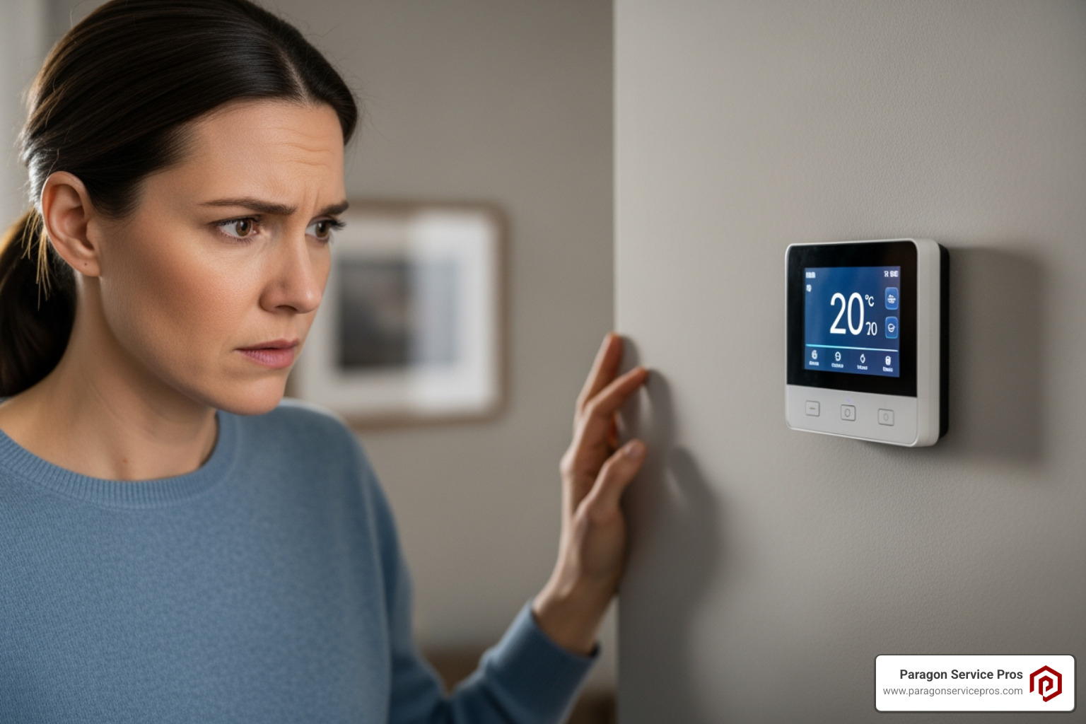 Homeowner looking at their thermostat with concern - Find a reliable furnace tune-up service near Riverton, UT before winter starts. Homeowner looking at their thermostat with concern - Find a reliable furnace tune-up service near Riverton, UT before winter starts.
