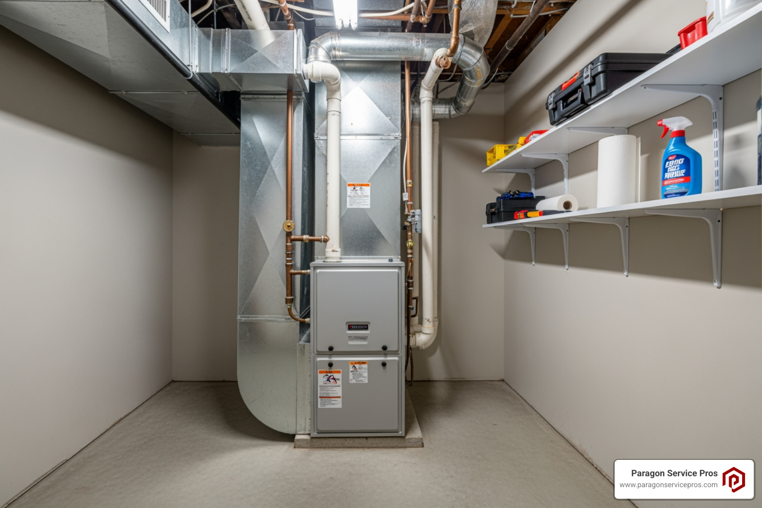 Clear, accessible area around an indoor furnace unit - Find a reliable furnace tune-up service near Riverton, UT before winter starts. Clear, accessible area around an indoor furnace unit - Find a reliable furnace tune-up service near Riverton, UT before winter starts.