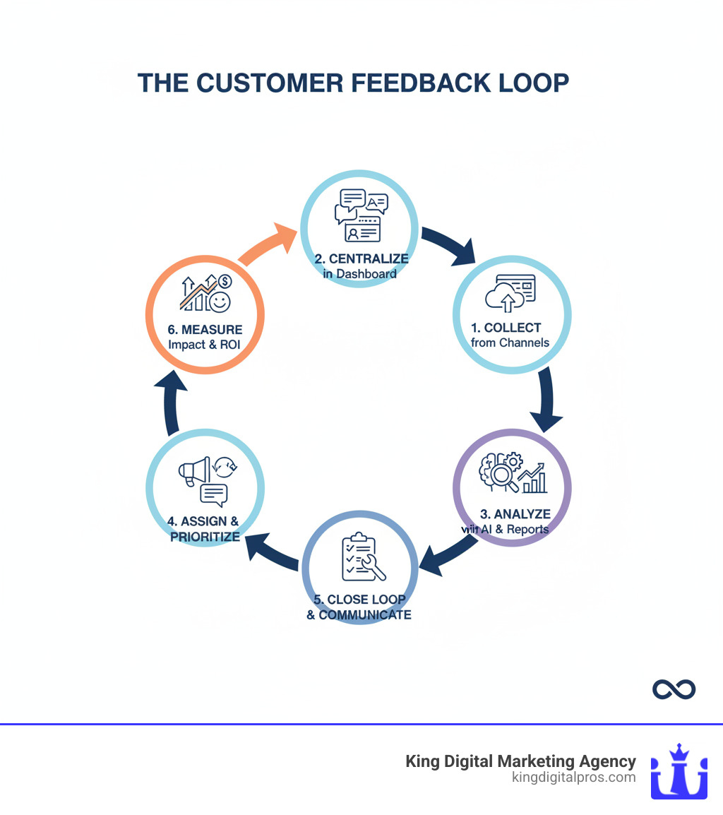 infographic showing the customer feedback loop: collect feedback from multiple channels, centralize in dashboard, analyze with AI and reporting tools, assign tasks and prioritize action, close the loop by communicating updates to customers, measure impact on satisfaction and revenue - customer feedback management software infographic infographic showing the customer feedback loop: collect feedback from multiple channels, centralize in dashboard, analyze with AI and reporting tools, assign tasks and prioritize action, close the loop by communicating updates to customers, measure impact on satisfaction and revenue - customer feedback management software infographic