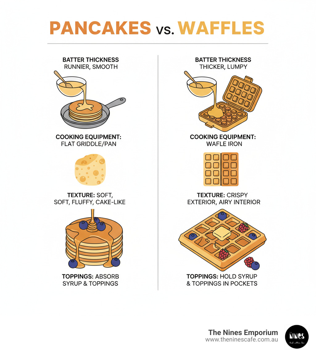 infographic comparing pancakes and waffles showing batter thickness, cooking equipment, texture differences, and how toppings interact with each - pancakes vs waffles infographic infographic comparing pancakes and waffles showing batter thickness, cooking equipment, texture differences, and how toppings interact with each - pancakes vs waffles infographic