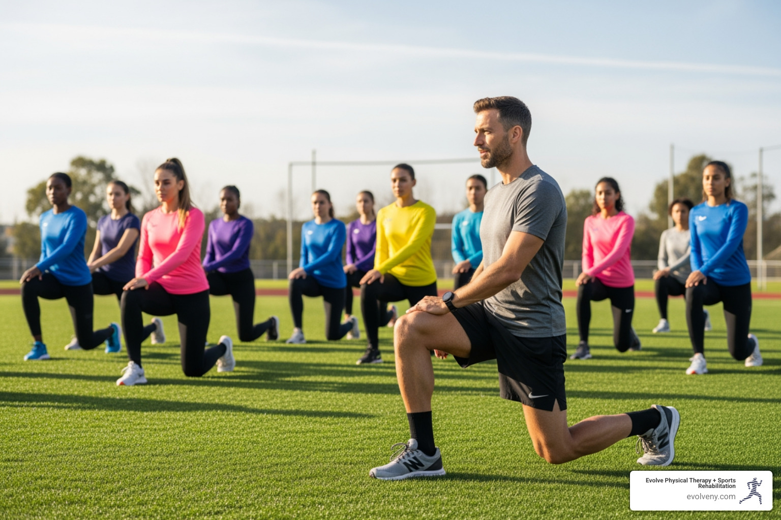 A coach demonstrating a dynamic warm-up exercise to a group of athletes on a field - sports performance coach job description A coach demonstrating a dynamic warm-up exercise to a group of athletes on a field - sports performance coach job description