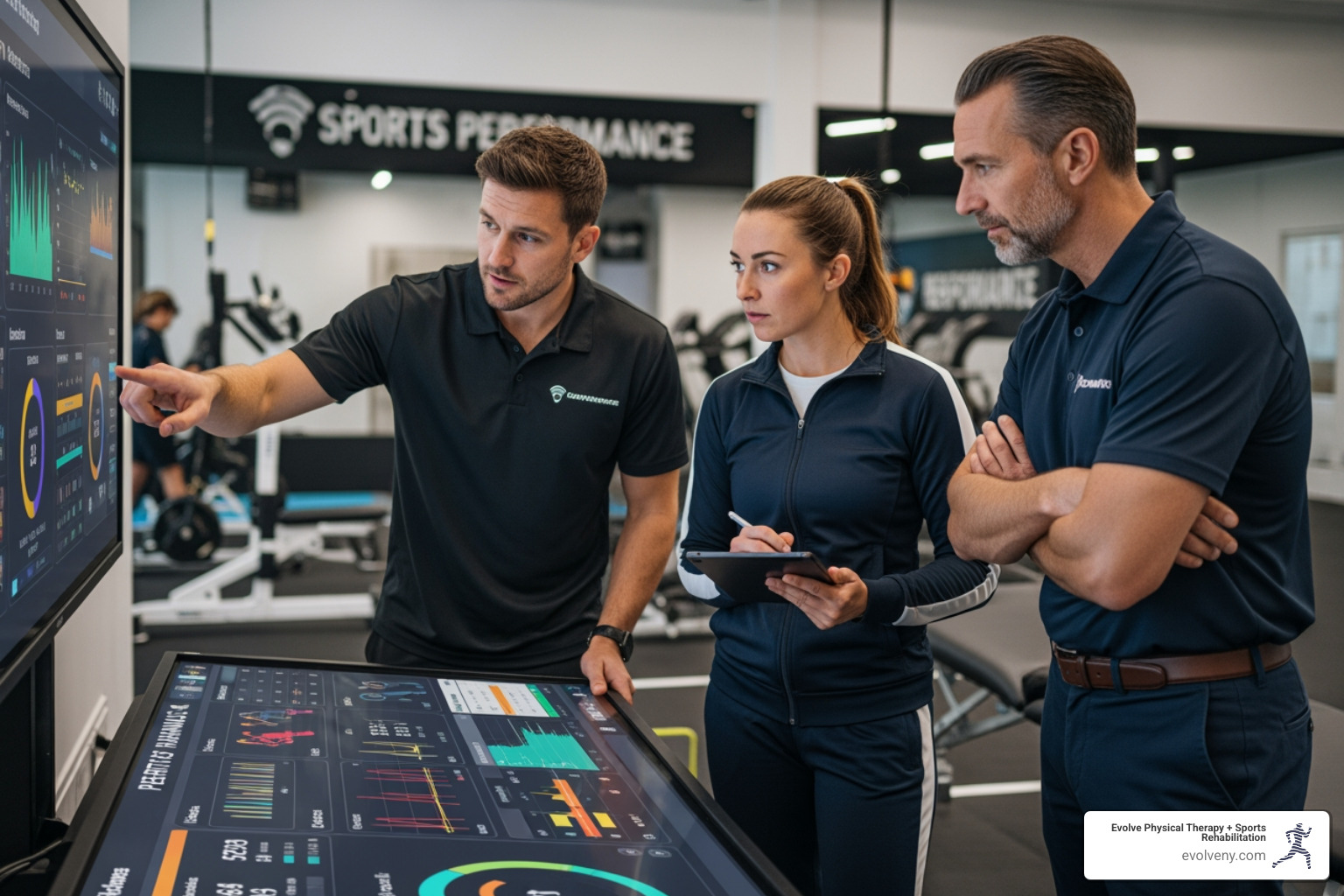 A sports performance coach in a meeting with an athletic trainer and a physical therapist, reviewing athlete data on a screen - sports performance coach job description A sports performance coach in a meeting with an athletic trainer and a physical therapist, reviewing athlete data on a screen - sports performance coach job description